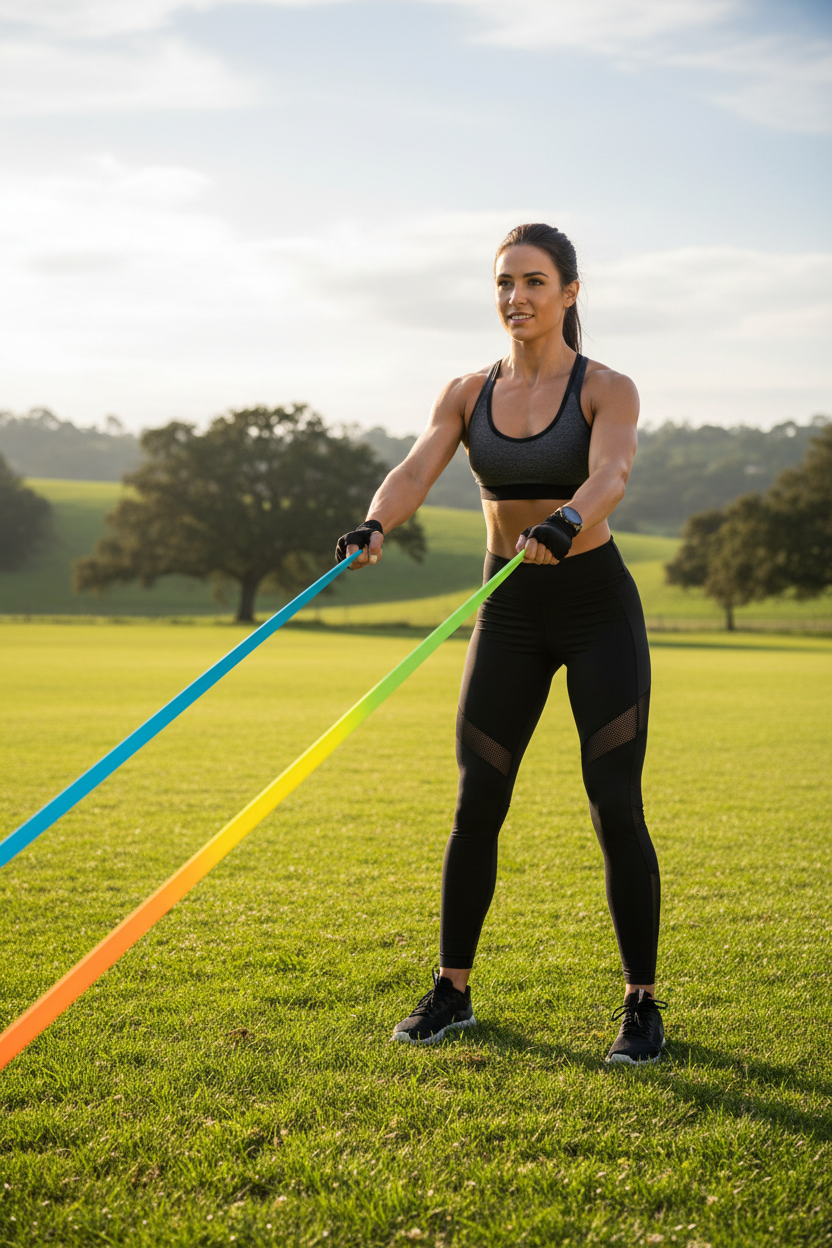 Ragazza con fasce elastiche ben visibili nel prato